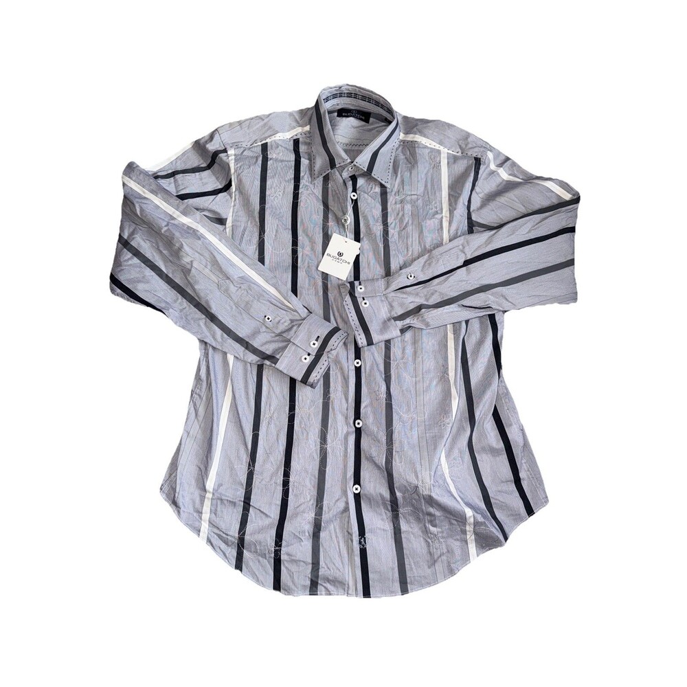Bugatchi Men's Oxford Long Sleeve Striped Shirt Single Stitch L Gray White NWT
